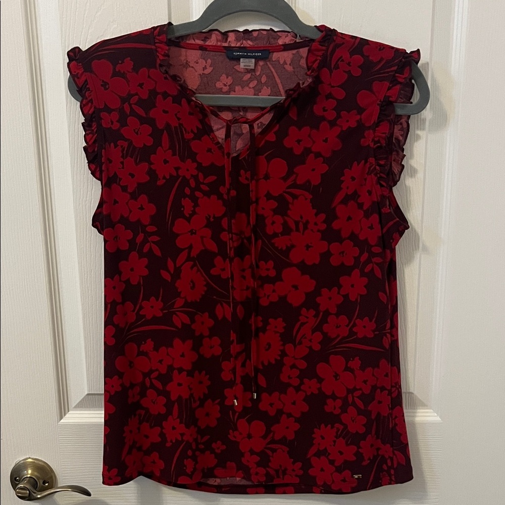 Tommy Hilfiger Maroon and Red Sleeveless Floral Blouse